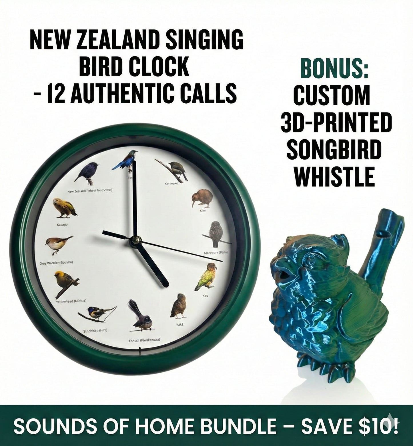 New Zealand Singing Bird 25cm Wall Clock - 12 Authentic Bird Calls
