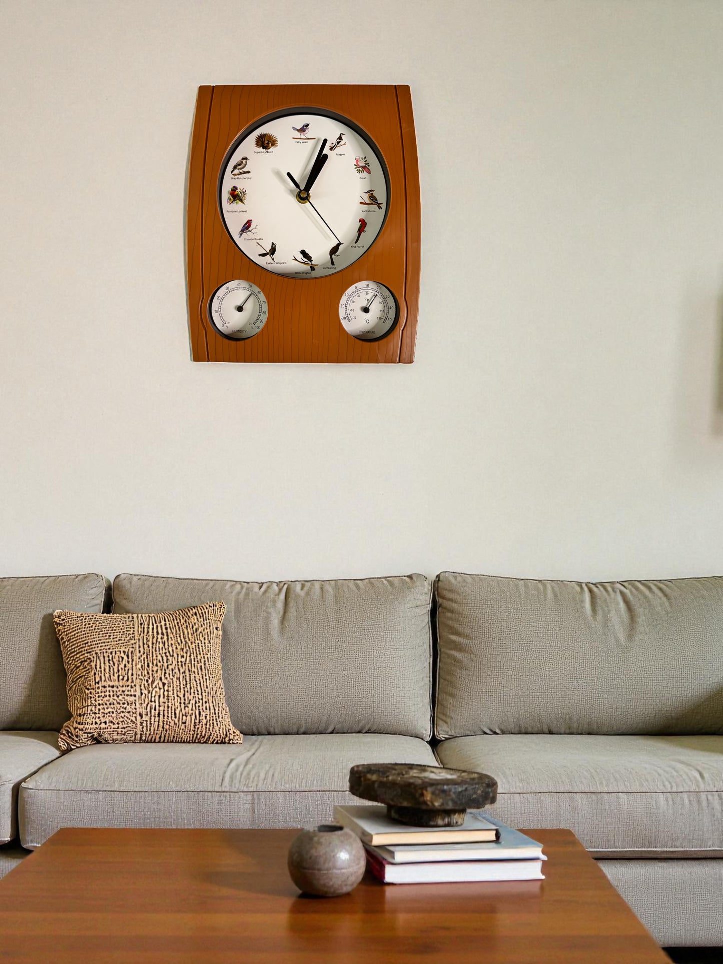 Australian Bird Song 20cm Clock – 12 Hourly Calls Humidity & Temperature